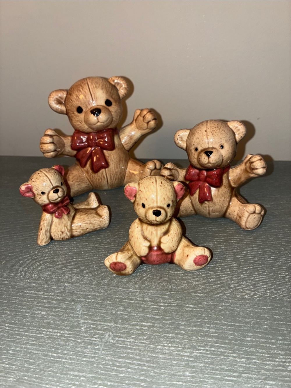 Vtg 90s set of 4hand-painted ceramic teddy bear figurines in different poses